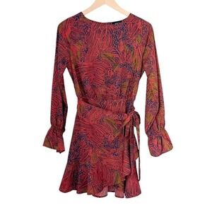 VICI Collection Red Floral Long Sleeve‎ Mini Wrap Dress Size S Small